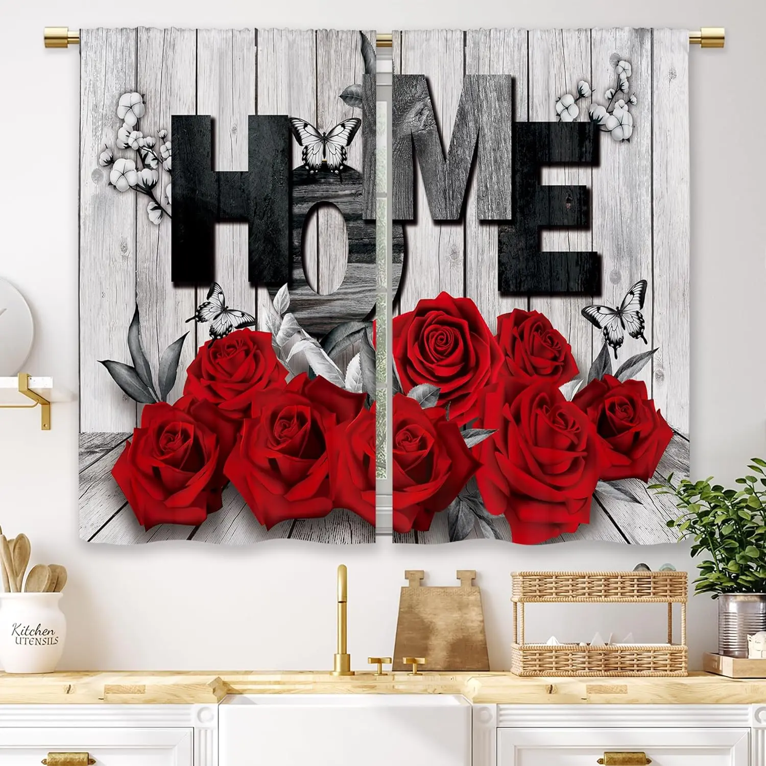 Red Rose Kitchen Curtains Farmhouse Wooden Floral Small Short Cafe Window Curtains Rustic Flower Black Red Rod Pocket Bathroom Window Drapes Treatment Tier Curtains 2 Panels (27.5x39 Inch)