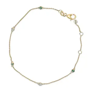 14K Yellow Gold Alternating Green Emerald and Diamond Bezel Station Chain Bracelet - Size 7.5 inch