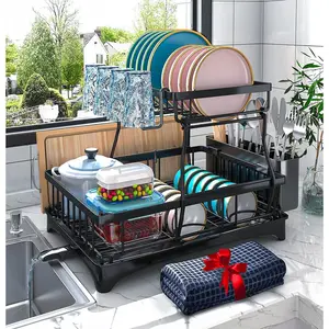 2-Tier Dish Rack with Auto-Drain & Mat, Dish Racks for Kitchen Counter, Dish Drainer with Knife, Fork & Cup Rack, Gifts for Women, Mothers Day, Cool Stuff & Kitchen Gadgets