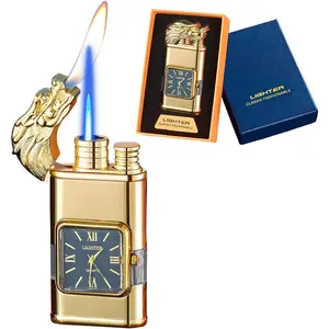Torch Lighter, Magic Dual Flame Dragon Lighter with Watch, Windproof Lighter with Visible Fuel Tank, Adjustable Flame Refillable Butane Lighter for Men Friends Gifts (Without Butane Gas)