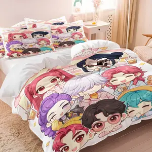 Cute K-pop Idol Pajama Party Duvet Cover Set, 1 Duvet Cover + 1/2 Pillowcases, No Core, Pastel Chibi Print with Snacks & Cute Animals, Soft Cozy Breathable Bedding for Teens & Anime Fans Bedroom and Dorm Use