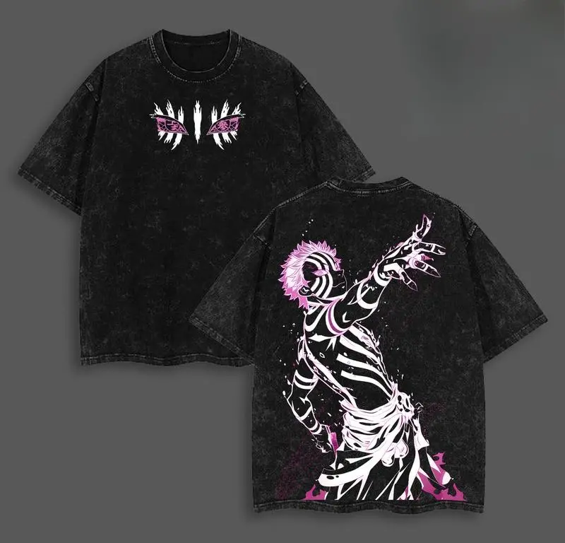 Men's Vintage Demon Slayer Akaza Graphic T-shirt - Oversized Acid Wash Cotton Top, Casual Shortsleeve Menswear, Tops, Figure, Fitted