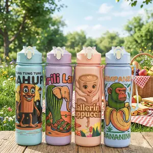 【Valentine's Day】Cute Cartoon Sports Water Bottle 800ML with Straw Lid, Strap Leak-Proof Design, Perfect for Travel Camping School Gifts, Leakproof Tumbler