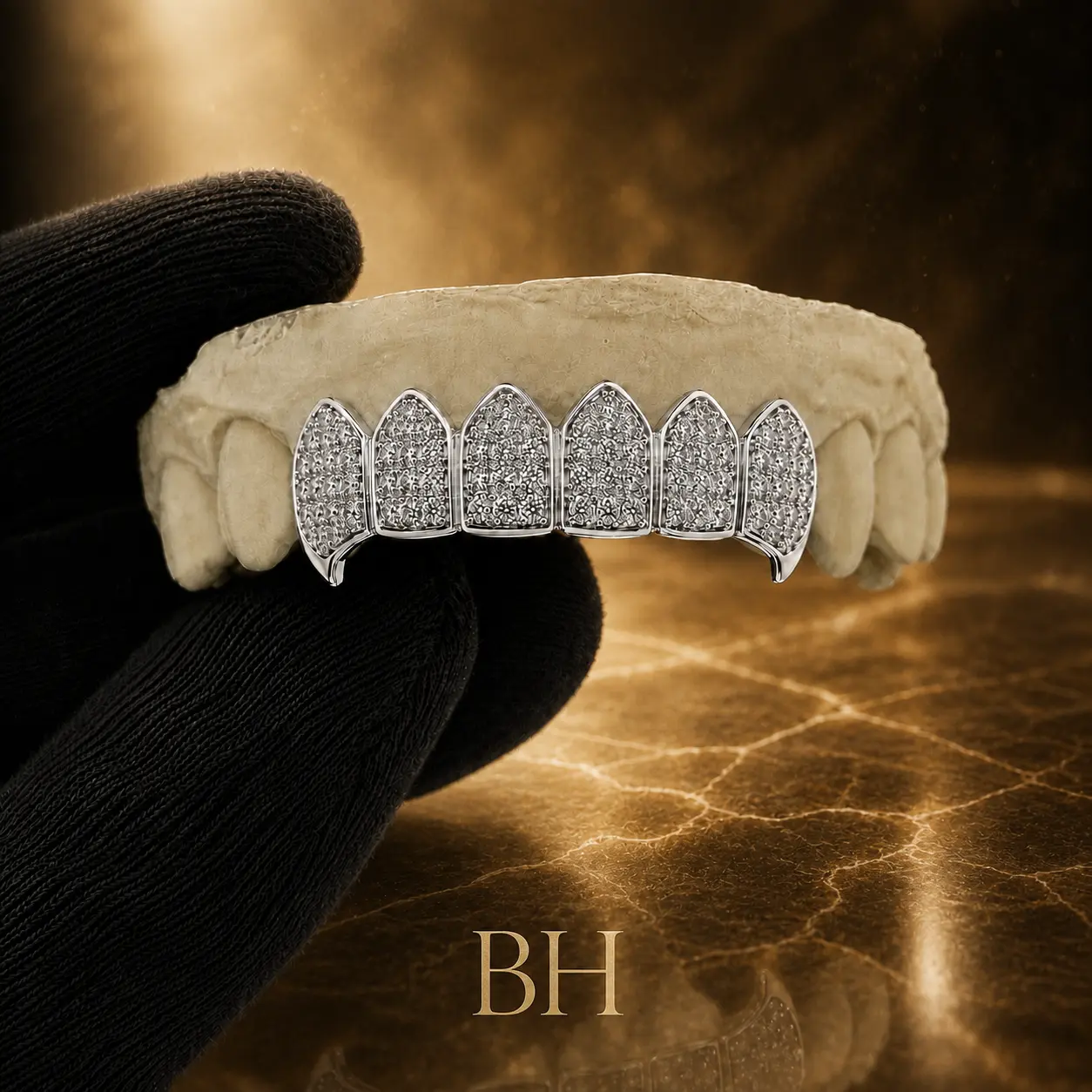 BH Vampire Grillz with Iced Out Cubic Zirconia, Custom Fit Hip Hop Teeth for Men and Women, Rapper Cosplay Costume Accessory