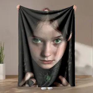 1 piece The Portrait of a Girl with Green Eyes themed flannel blanket - Oversized fluffy warm sofa blanket, suitable for beds and sofas, modern geometric pattern design, all-season use, digital printing, 100% polyester material, machine washable