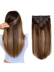 P4/27 Highlight Brown Clip In Human Hair Extensions 14-28 Inch Straight Seamless Invisible Skin Weft Unprocessed Brazilian Virgin Remy Hair Soft Texture for Daily Party Festival Styling