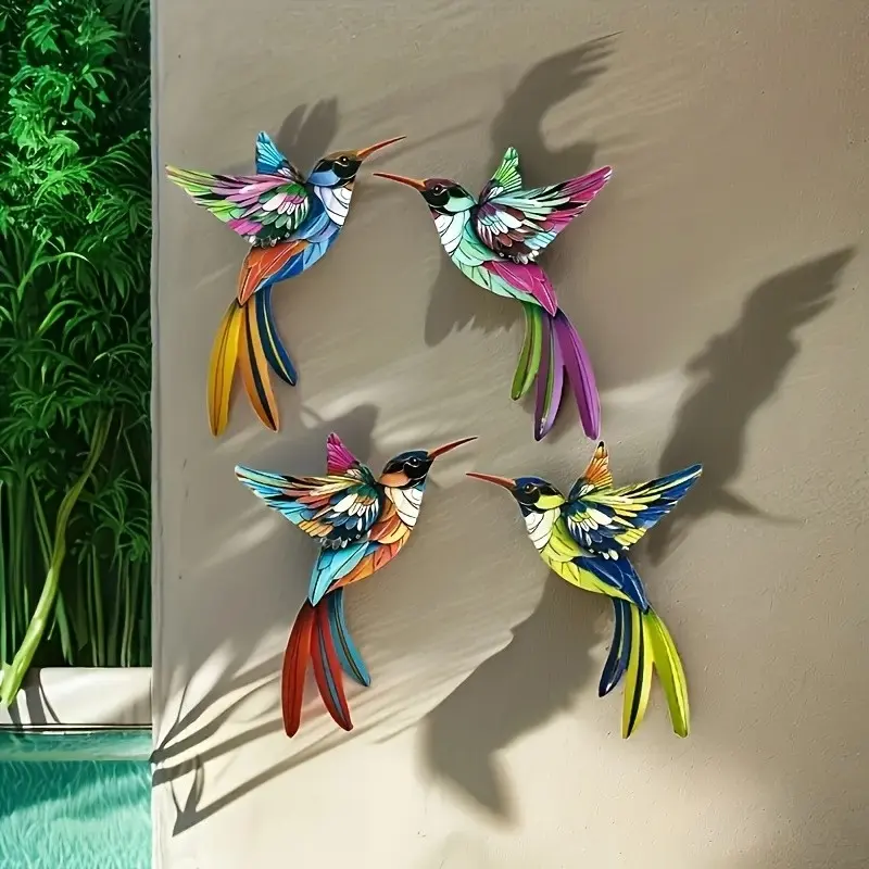 4pcs Vibrant Metal Hummingbird Decorations, 3D Lifelike Garden Ornaments, Durable Iron Building, Outdoor Yard Art, Outside Hanging, Colorful Hanging Wall Art, Hanging Room Decor, Novelty Decor