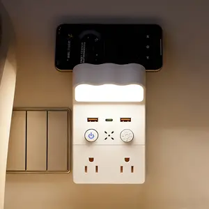 Smart Remote Control Night Light Socket,2AC+3USB Fast Charging,Wall Outlet Night Light with 3-Color Dimmable,Timer Function,Flame-Retardant Certified,Wave Design & Phone Holder,Child Safety Door
