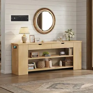 71.8 inch Extra Long Console Table with Built-In Outlets Natural