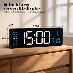 Digital Wall Clocks for Classroom, 16" Large Display Digital Electric Clock with Remote Control, Date, Week, Alarm, Temperature, Night Light for Living Room, Bedroom, Gym, Office(Blue)