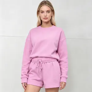 Pink Short Sweatshirt & High Waisted Jogger Set – Women's Casual Cropped Pullover 2 Piece Outfit