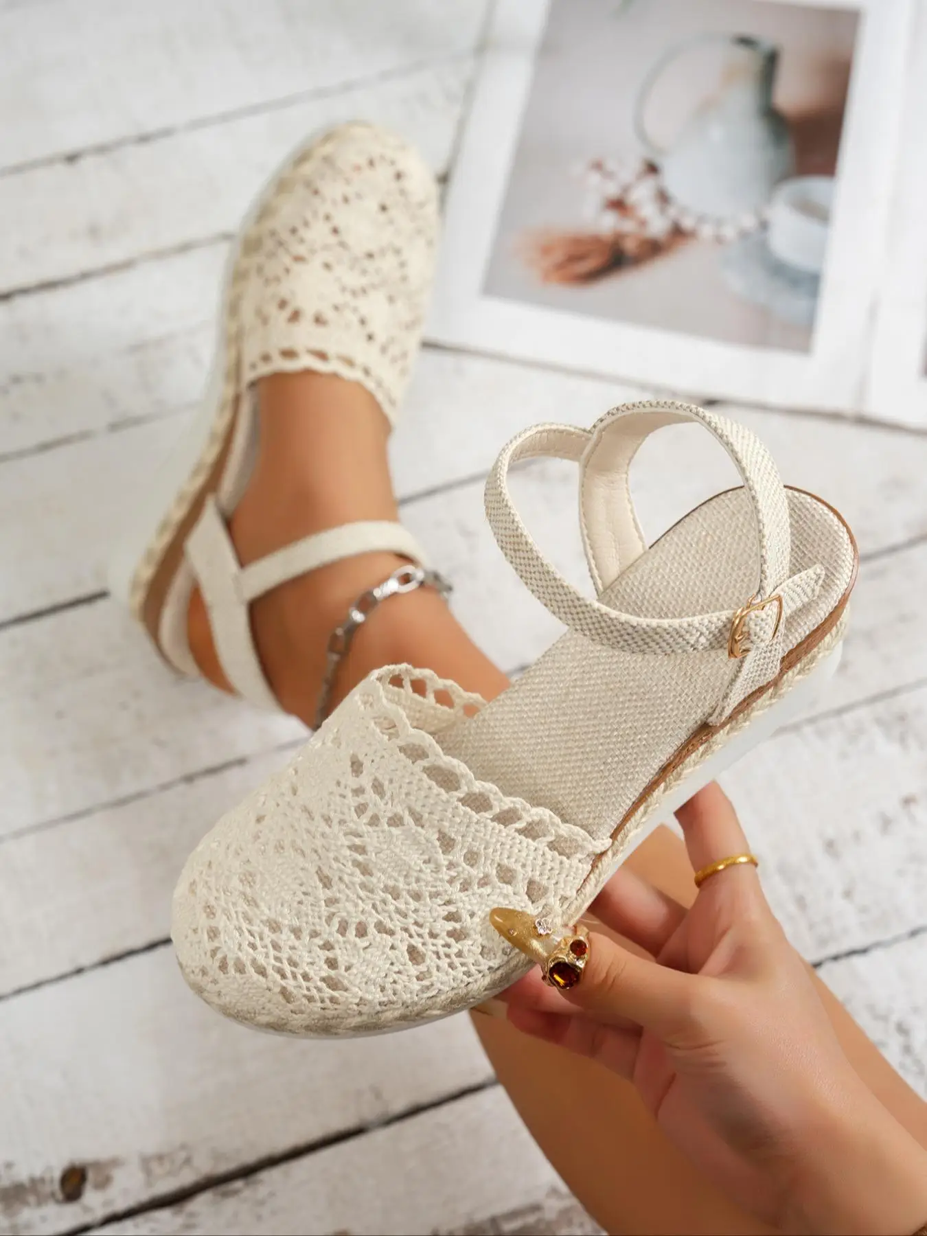 Women's Fashionable Lace Knit Design Wedge Sandals, Casual Comfortable Breathable Sandals for Summer, Female All-match Round Toe Shoes for Daily Wear
