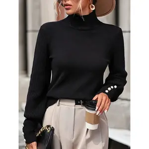 Elegant High-Neck Sweater for Women, Pearl-Detail Knit Pullover, Buttoned Cuffs, Perfect for Autumn and Winter Fashion, Knitwear