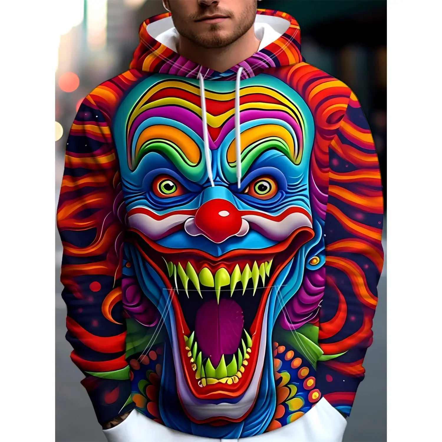 Men's Colorblock Clown Face Hoodie - Novelty Clown Print Sweatshirt with Nose, Mouth, and Hair Design - Casual Loose Fit, Machine Washable Streetwear