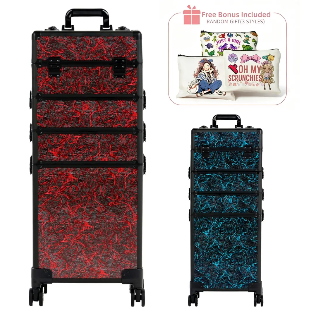 KEEYOTEK Modern Rectangular Crackle Texture Rolling Cosmetic Storage Box - Aluminum Frame Trolley with 360° Silent Dual Universal Wheels, Wear-Resistant Sturdy Large Organizer for Makeup Artists, Makeup Travel,Free Random Makeup Storage Bag As Gift