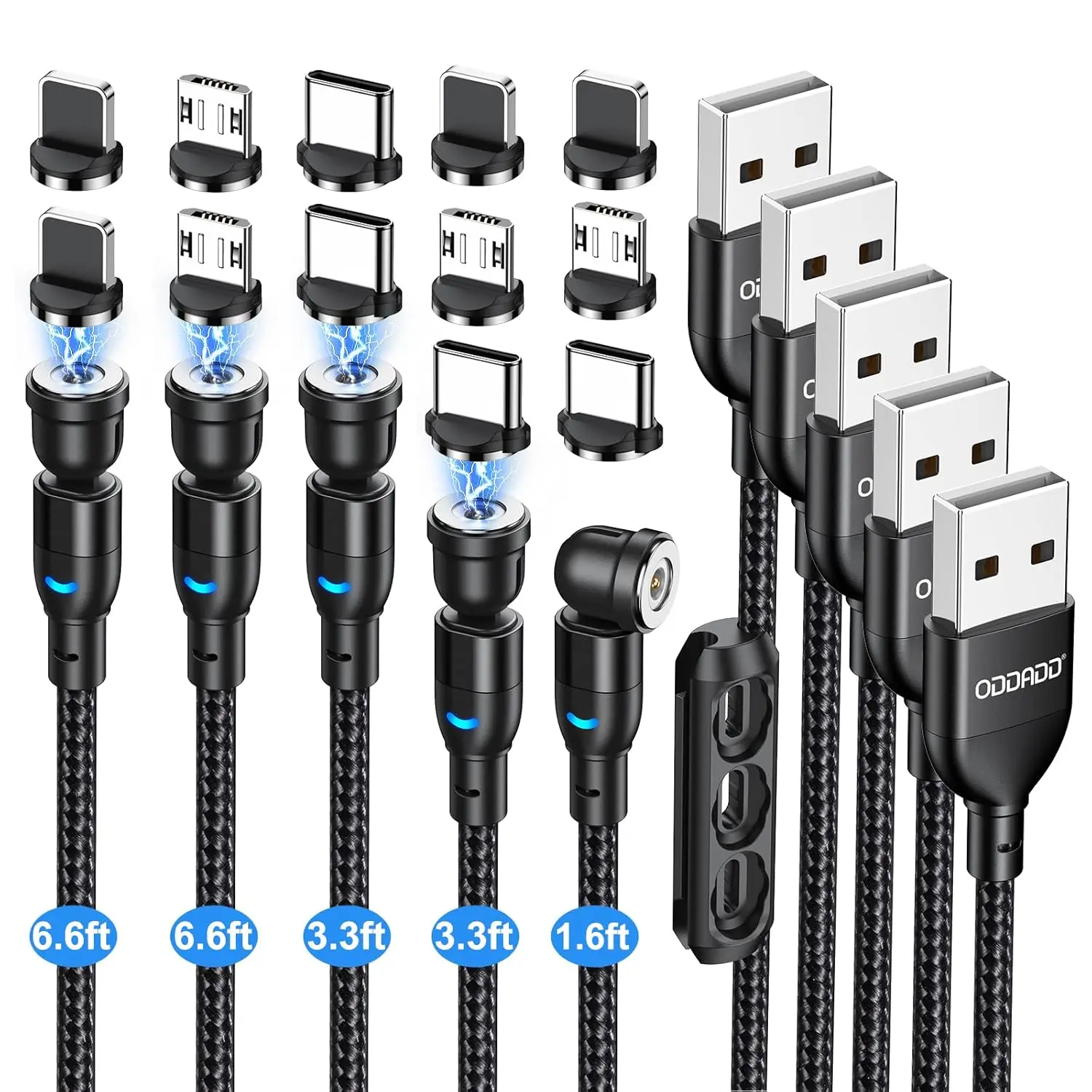 5-Pack 3-in-1 Magnetic Charging Cables (1.6/3.3/3.3/6.6/6.6FT), 540° Rotating Magnetic Adapter Cables with LED Light for Micro USB, USB-C, Smartphone & Mobile Device Charging