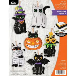 Felt Applique 6 Piece Ornament Making Kit, Purrfectly Spooky, Perfect for Halloween Arts and Crafts, 89649E