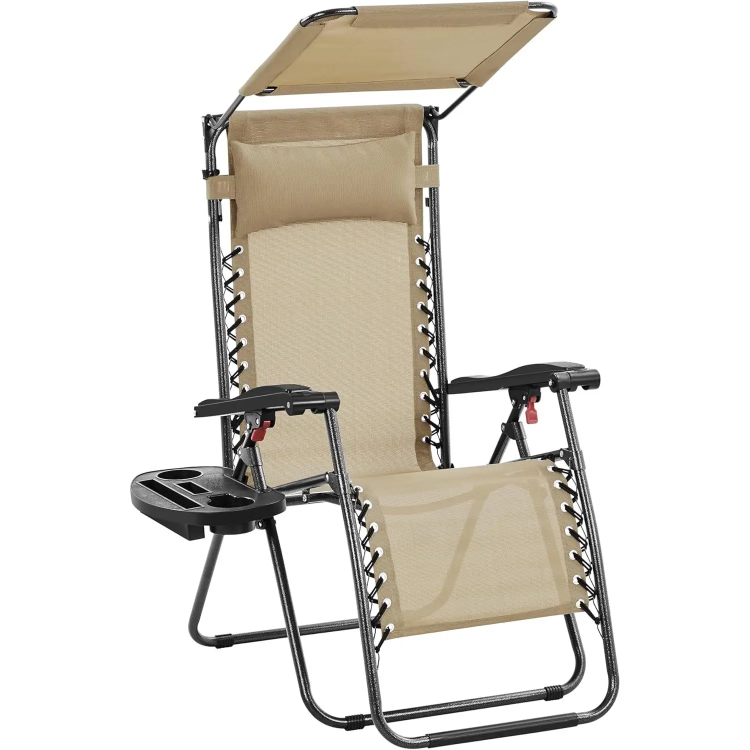 Beige Reclining Outdoor Chair - Adjustable Folding Lounger, Zero Gravity Patio Recliner with Canopy Shade, Side Cup Holder Tray, Carry Strap for Garden, Beach