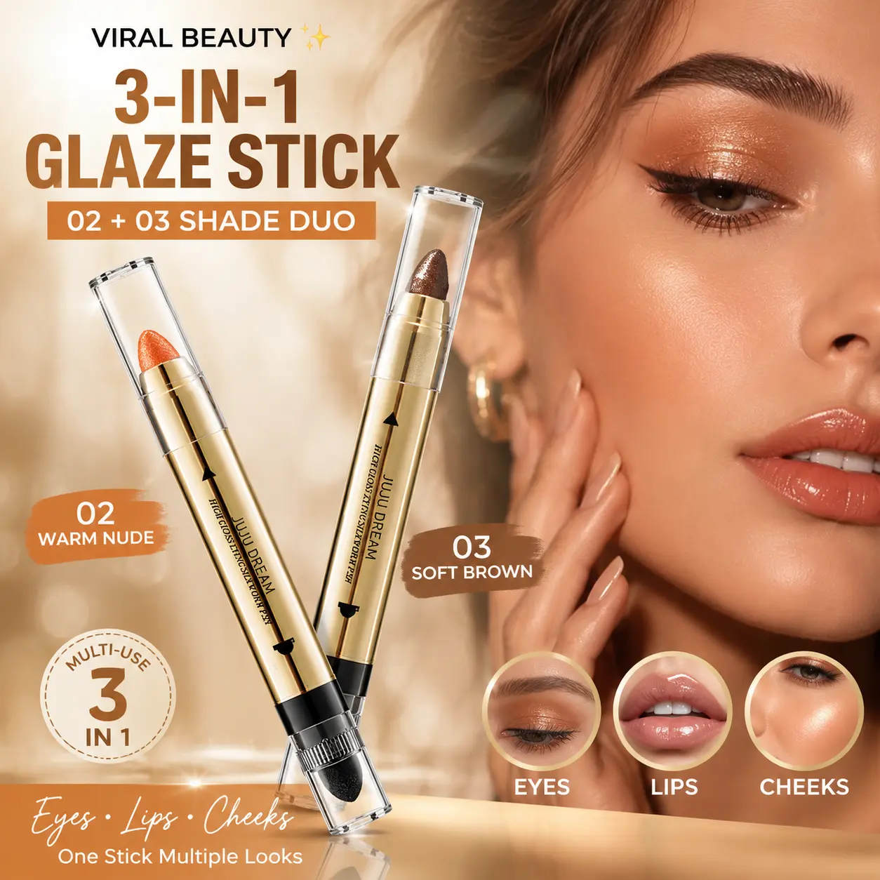 3-in-1 Dual Ended Eyeshadow Stick Makeup Pen, Shimmer Cream Eye Shadow Pencil with Blending Sponge, Long Lasting Waterproof Glitter Eye Makeup Stick for Eyes Lips Cheeks, Easy Blend Beauty Stick for Beginners