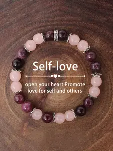 Self-Love Meaning Bracelet, Handmade Quartz Strawberry Quartz Garnet Color Block Beaded Jewelry, Unisex Fashion Accessory, Energy Bracelet, Crystal Beaded Bracelet