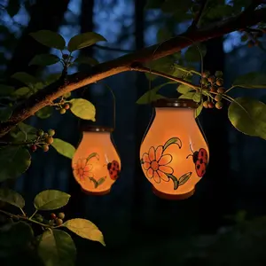 2pcs IP44 Waterproof Solar Lantern Hanging Light, Hand-painted Butterfly Flower Plastic Outdoor Lantern, Desktop Decorative Light With Handle, Night Atmosphere Light, Suitable For Garden, Courtyard, Lawn, Path, Step, Porch, Halloween, Christmas,summervibe