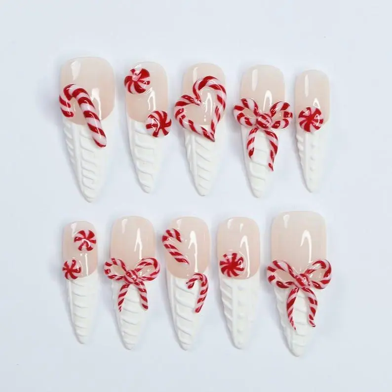 Sweet Christmas Cheer: Medium Almond Press-On Nails with Cozy Sweater Texture and Candy-Inspired French Tips – Perfect Gift for Her