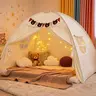 Full Size Bed Tent for Kids in Cream Beige with Star Lights & Bear Banner, Large Cozy Sleep Sanctuary Playhouse Canopy Tent for Full Bed & Floor, Bedroom Decor & Gift