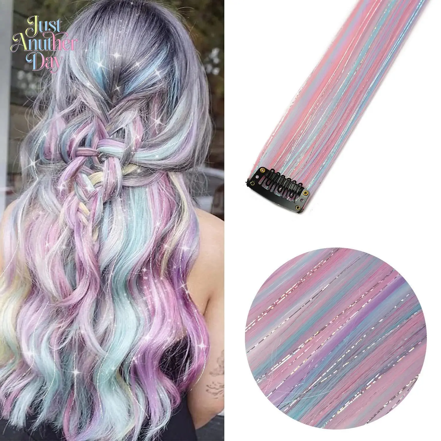 5Pcs Clip-in Tinsel Hair Extensions, Rainbow Glitter Hair Tinsel Strands, One-Piece Invisible Colorful Hairpieces for Women's Highlight Hairstyle