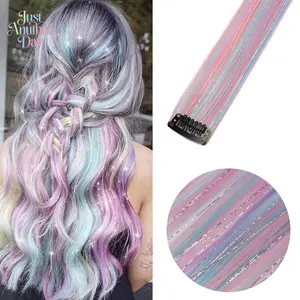 5Pcs Clip-in Tinsel Hair Extensions, Rainbow Glitter Hair Tinsel Strands, One-Piece Invisible Colorful Hairpieces for Women's Highlight Hairstyle