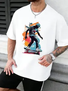 Men's Plus Size Round Neck T-Shirt, Skateboard Boy Print, Fashion Streetwear, Comfortable Casual Wear, Perfect for Daily