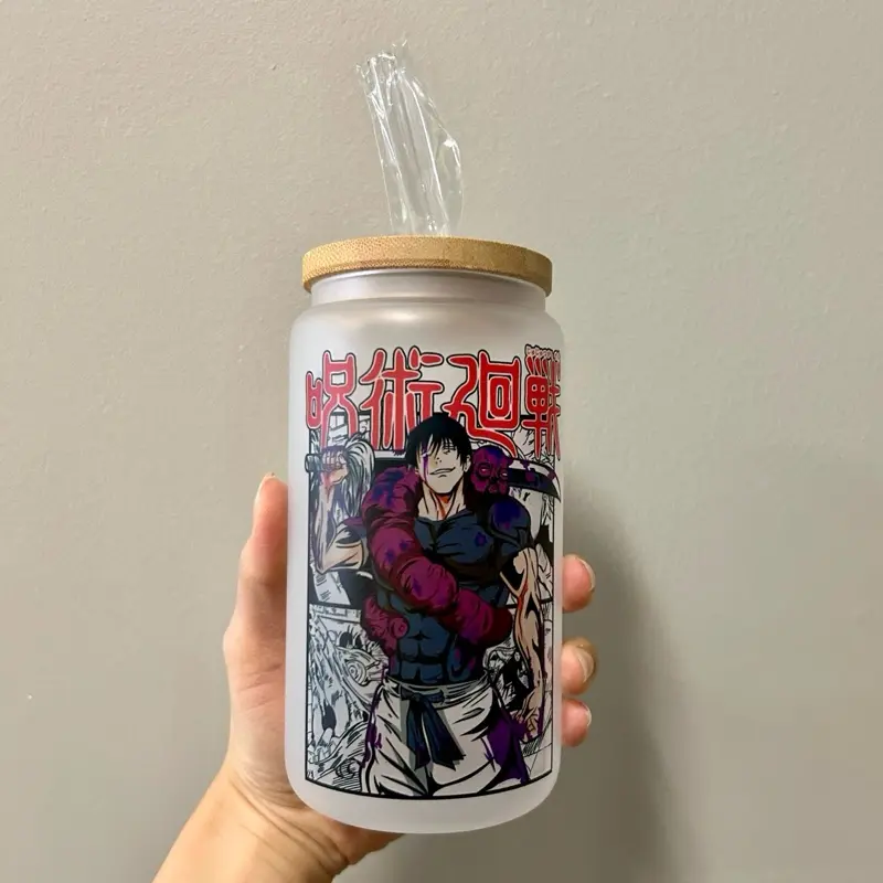 Anime Glass Cup Bamboo Drinkware Lid Tumblers Portable Sturdy Reusable Straw