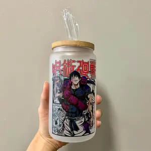 Anime Glass Cup Bamboo Drinkware Lid Tumblers Portable Sturdy Reusable Straw