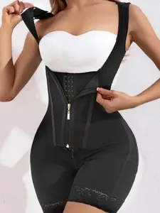 1 Count Women's Lace Zipper Crotch Bodysuit, Hot Lace Bodysuit, Fajas, Triple Row Hook Eye Closure High Waist Jumpsuit, Butt Lifting And Tummy Control Shapewear, Colombian Shapewear, Suitable For Casual Outings, Fitness Workouts