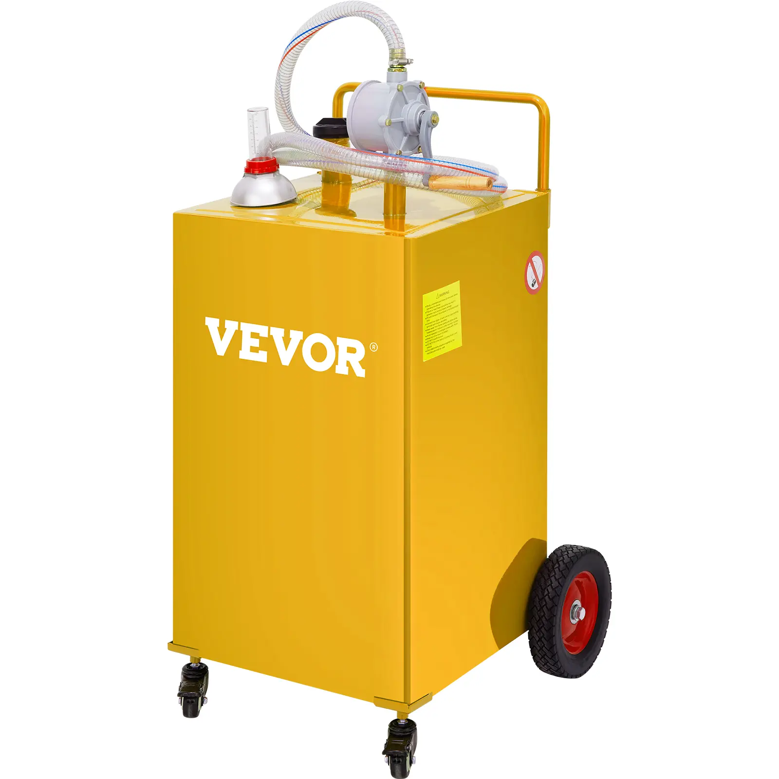 【summerfinds】VEVOR 30 Gallon Fuel Caddy, Gas Storage Tank & 4 Wheels, with Manuel Transfer Pump, Gasoline Diesel Fuel Container for Cars, Lawn Mowers, ATVs, Boats, More, Yellow Bottles Hand