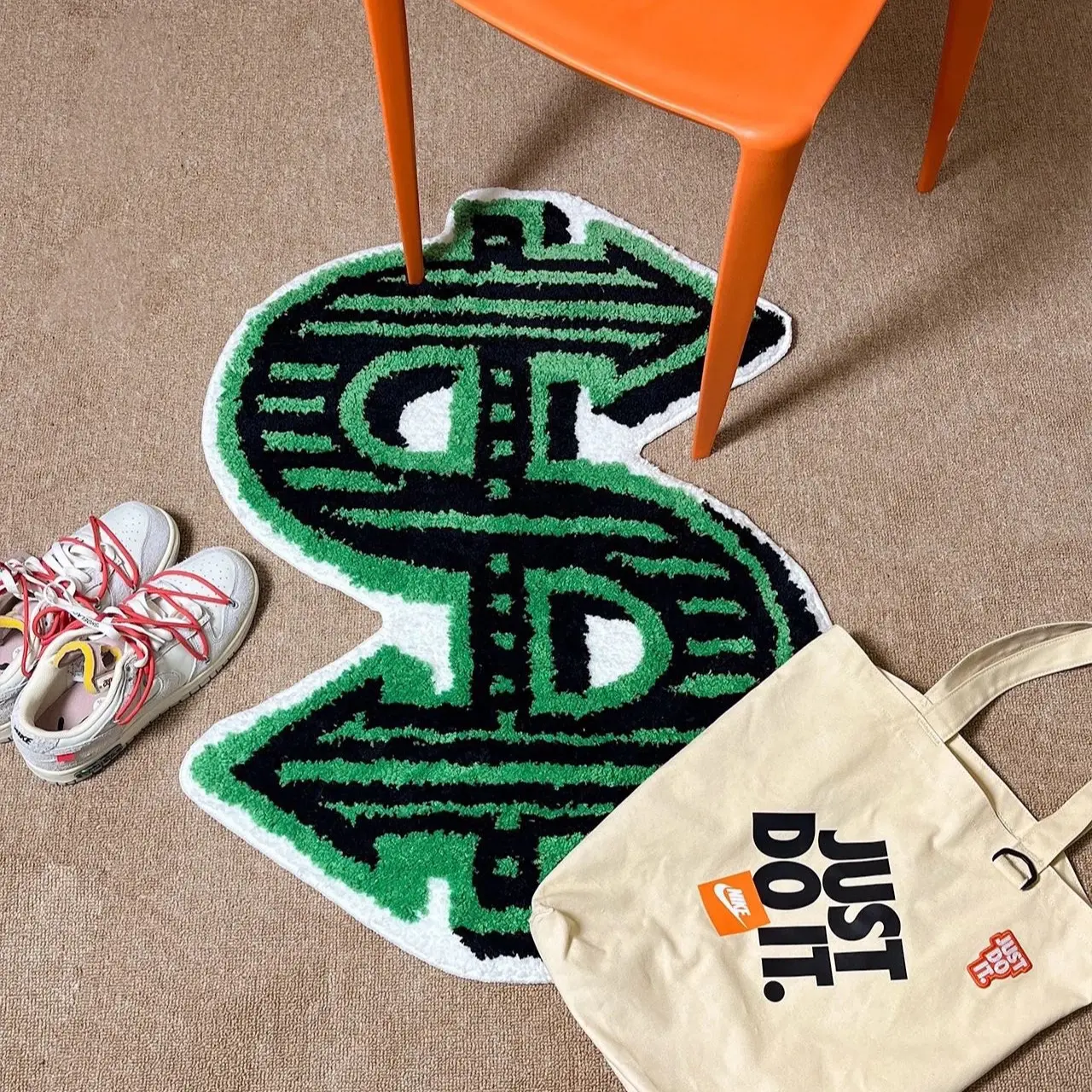 Dollar Money Themed Polyester Tufted Weave Decorative Rug - Green-Black Geometric Pattern, Bold Phrase, Novelty Coins, Non-Slip Grip, for Male Enthusiasts, Indoor Floor Accent for Various Room Types