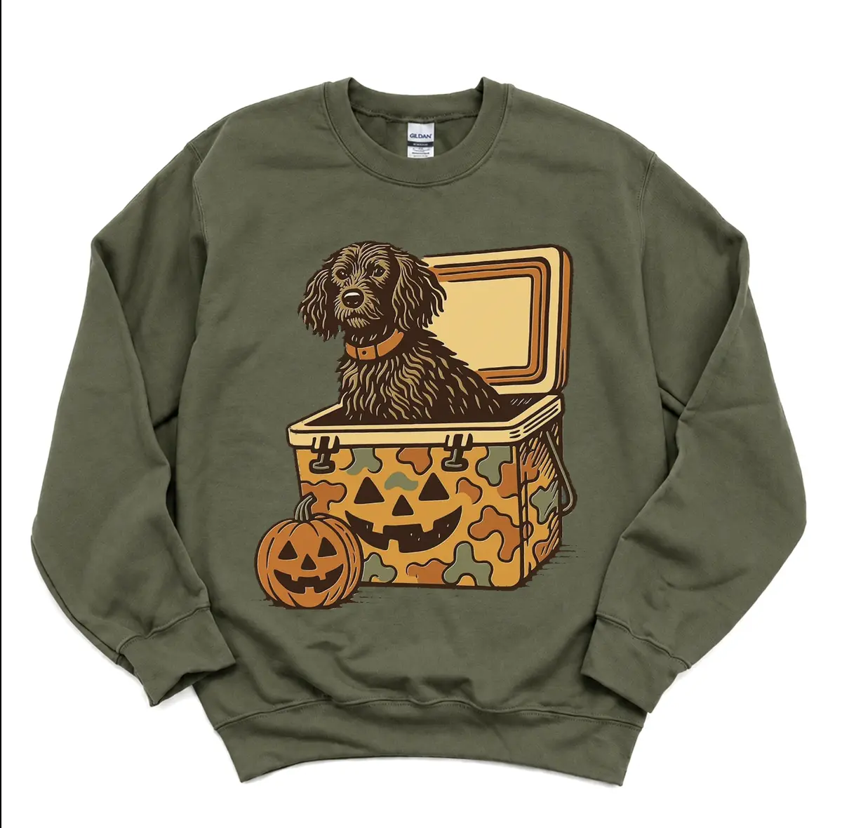 Women's Long-Sleeve Spandex Hoodie - Boykin Spaniel Print, Camo Cooler Pumpkin Face Design, Fit Vintage Casual Outdoor Fall Hunting Top, Southern Spooky Halloween Mama Gift