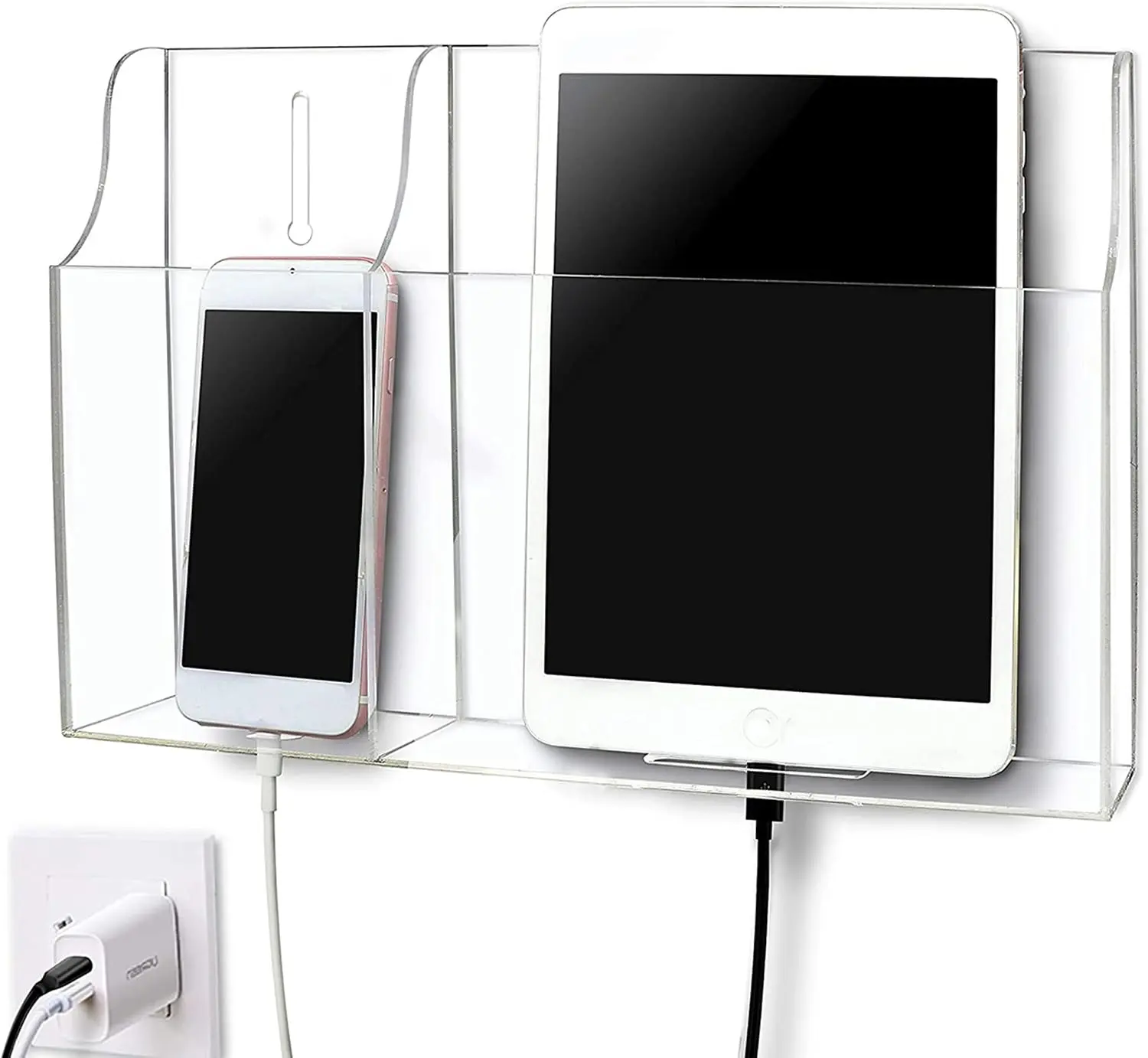 Clear Wall Tablet Holder Acrylic Wall Mounted Phone Holder for iPad, Remote Control Holder Laptop Stand for eReader Storage Caddy with Charging Holes for Kindle iPhone