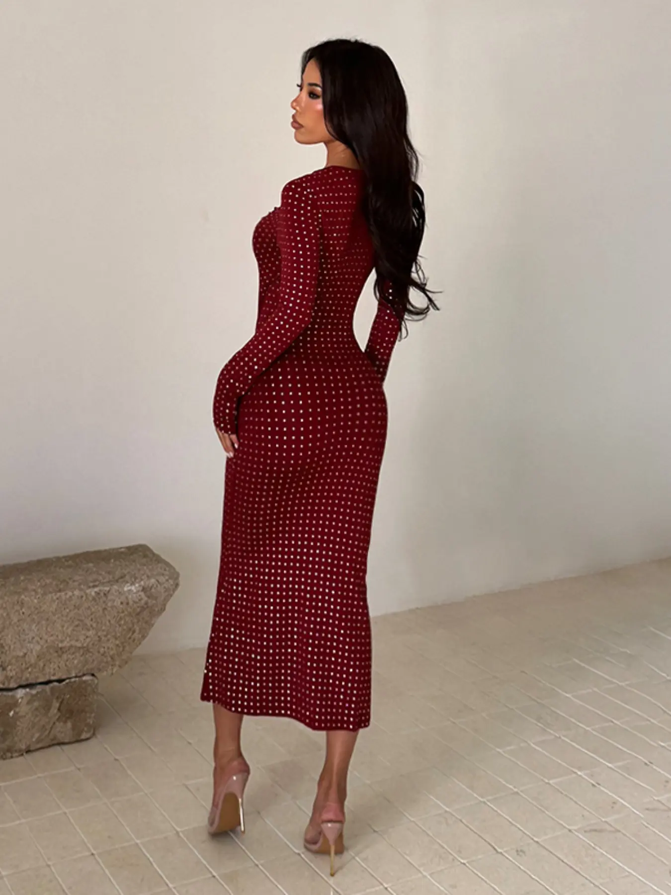 green emerald velvet dress Women's Bodycon Maxi Dress Fall Fashion Long Sleeve Floral Print Tight –  Divahotcouture main image 0
