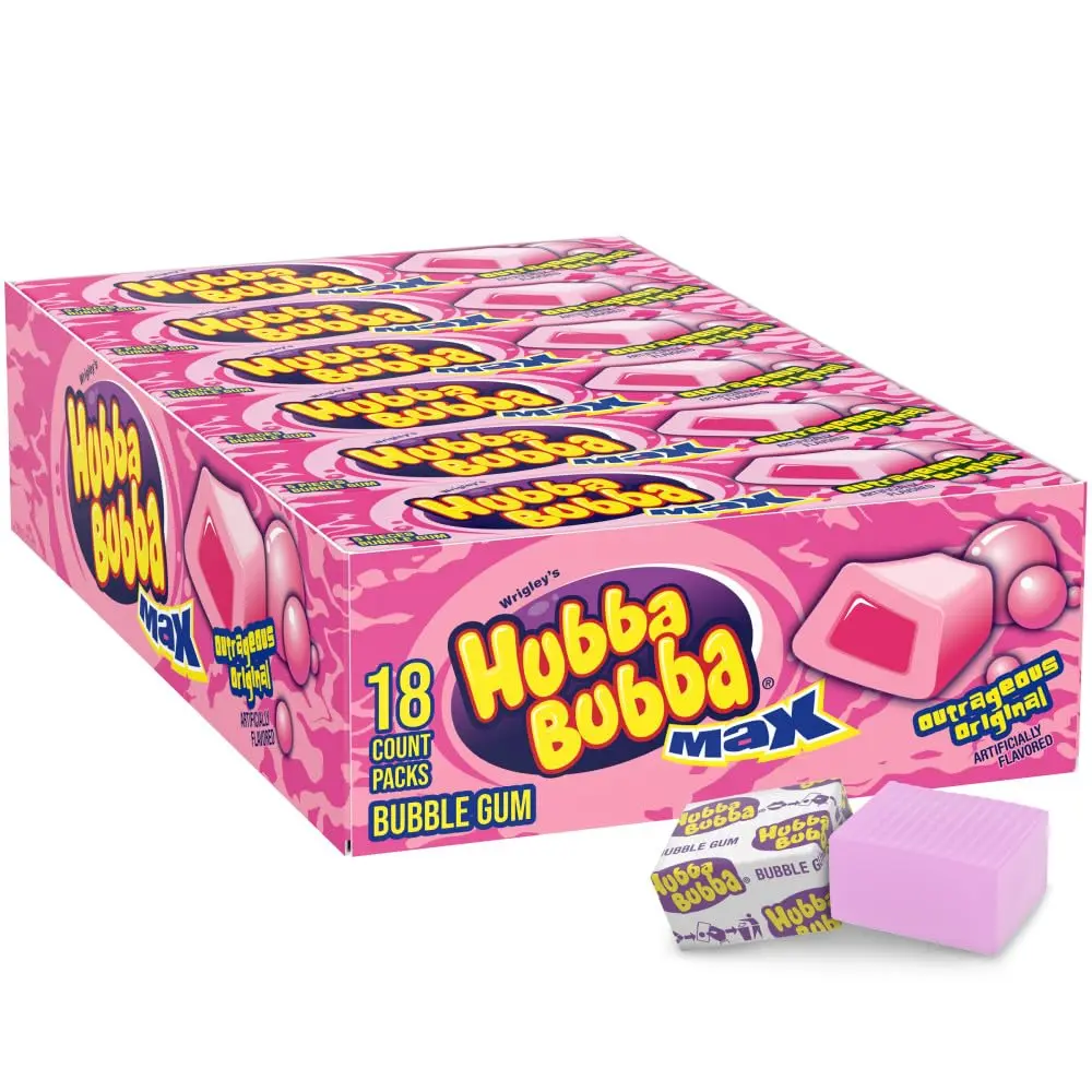 Hubba Bubba Max Original Classic Bubblegum Snack - Authentic Bubble Gum Flavor, Contains Aspartame, Includes Sugar, 5-Piece Packs, 18-Count Box