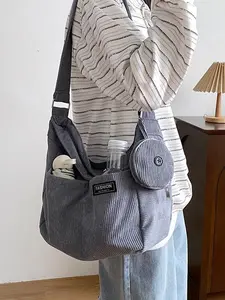 Women's Zip Messenger Bag with Coin Pouch, Solid Color Casual Pocket Design Letter Patch Decorated Large Capacity Crossbody for Work & School, travel ready, daily essentials, hands free, everyday carry