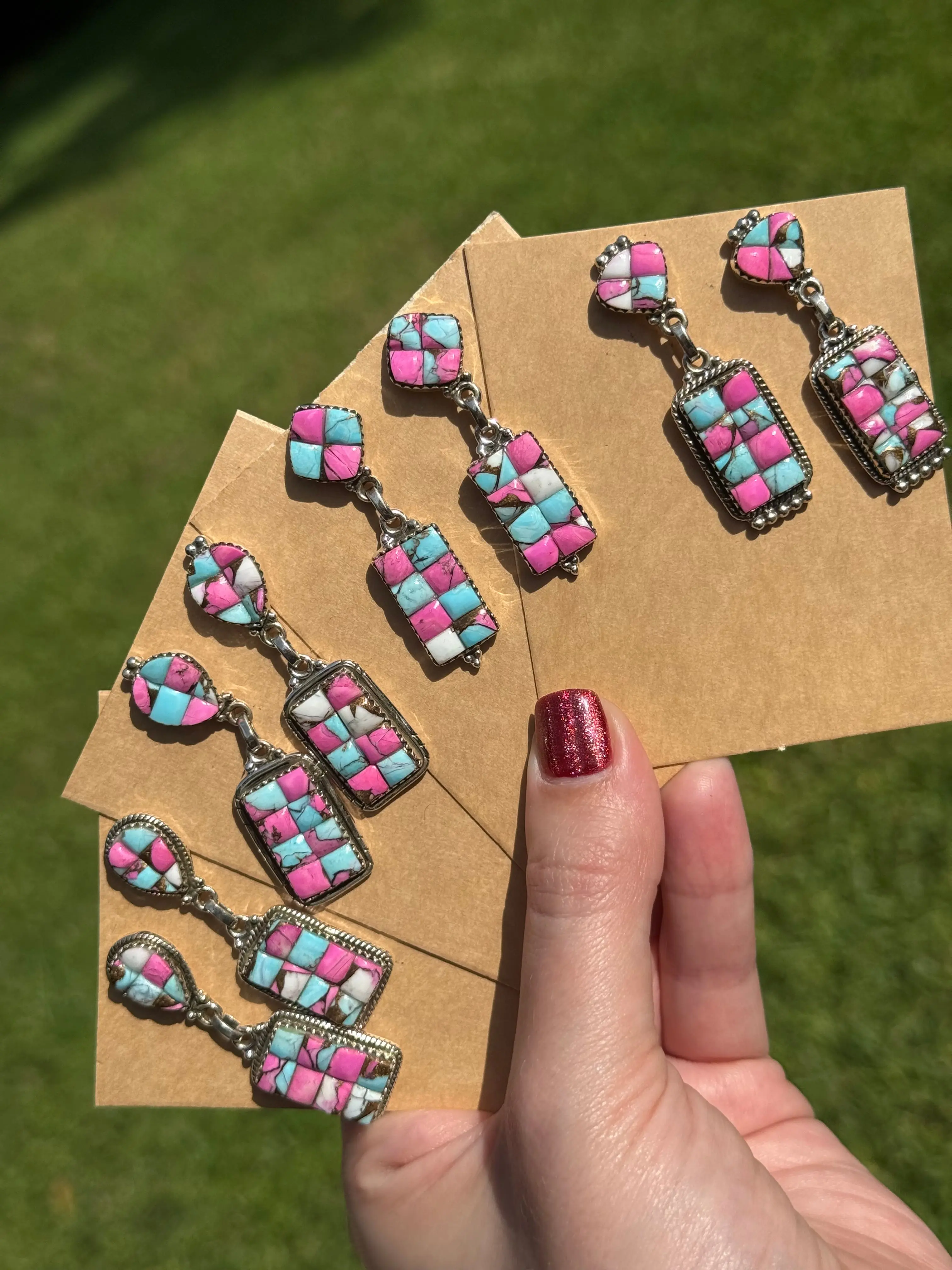 Cotton Candy Turquoise Cobblestone Sterling Silver Bar Dangle Earrings