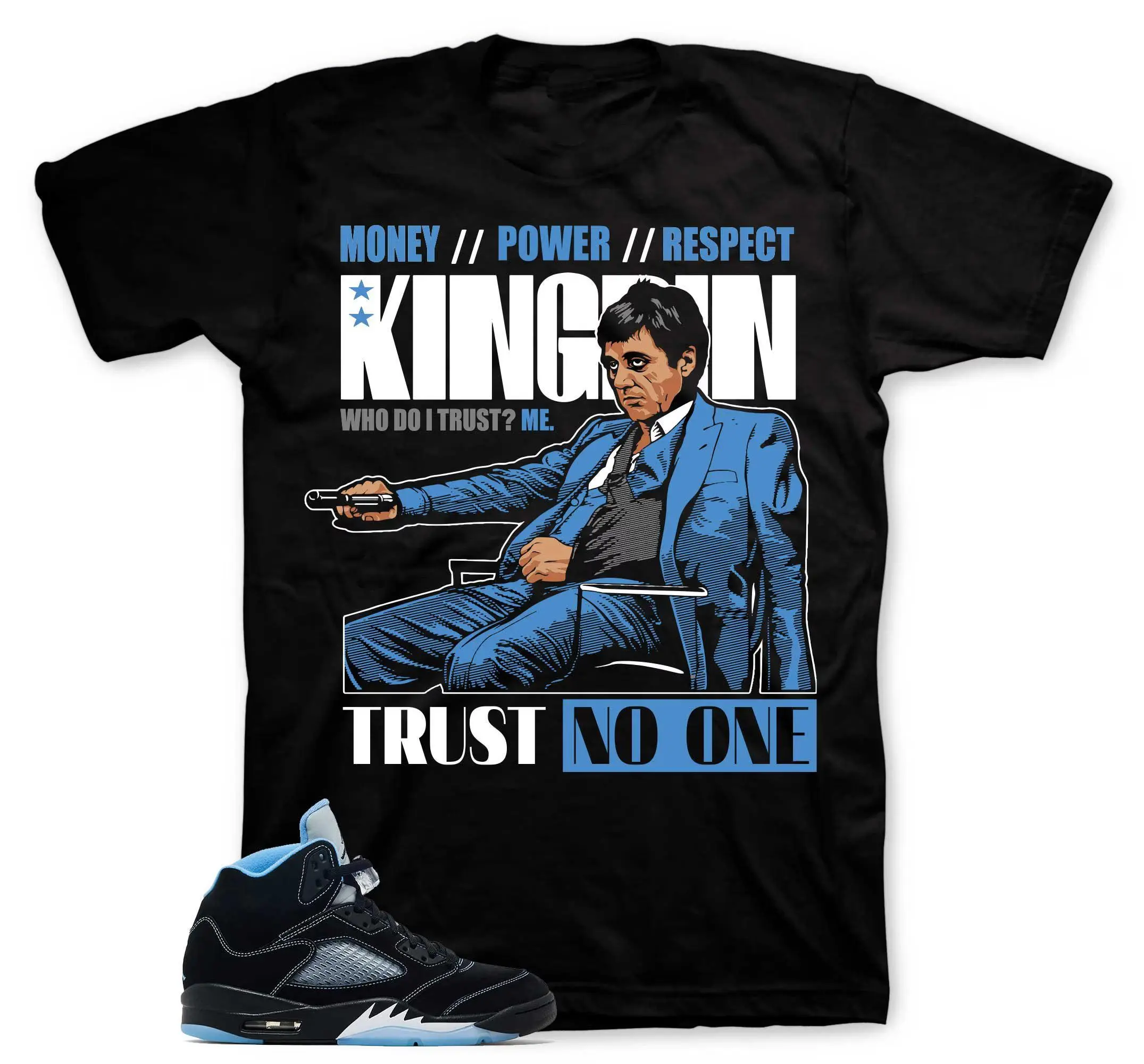 Trust No One Graphic Shirt To Match 5 Black Uni Blue White, 5 Black Uni Blue White Matching Shirt, 90s HipHop Unisex T-Shirt, Gift For Women and Men, Best Gift