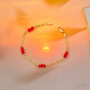 Exquisite 14k Gold Plated Wine Red Beaded Bracelet, Women's Lucky Fashion Gold Jewelry, Sports Wristband for Christmas Gifting,summervibes