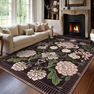 GARVEE - Washable botanical floral rug 9 x 12 inches for living room, soft, black color, dark purple, bohemian, large low-pile rug for bedroom, dining room, and nursery