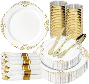 350PCS Gold and White, Gold Dinnerware Sets for 50 Guests, 100 Disposable, 150 Silverware, 50 Cups, 50 for and Wedding