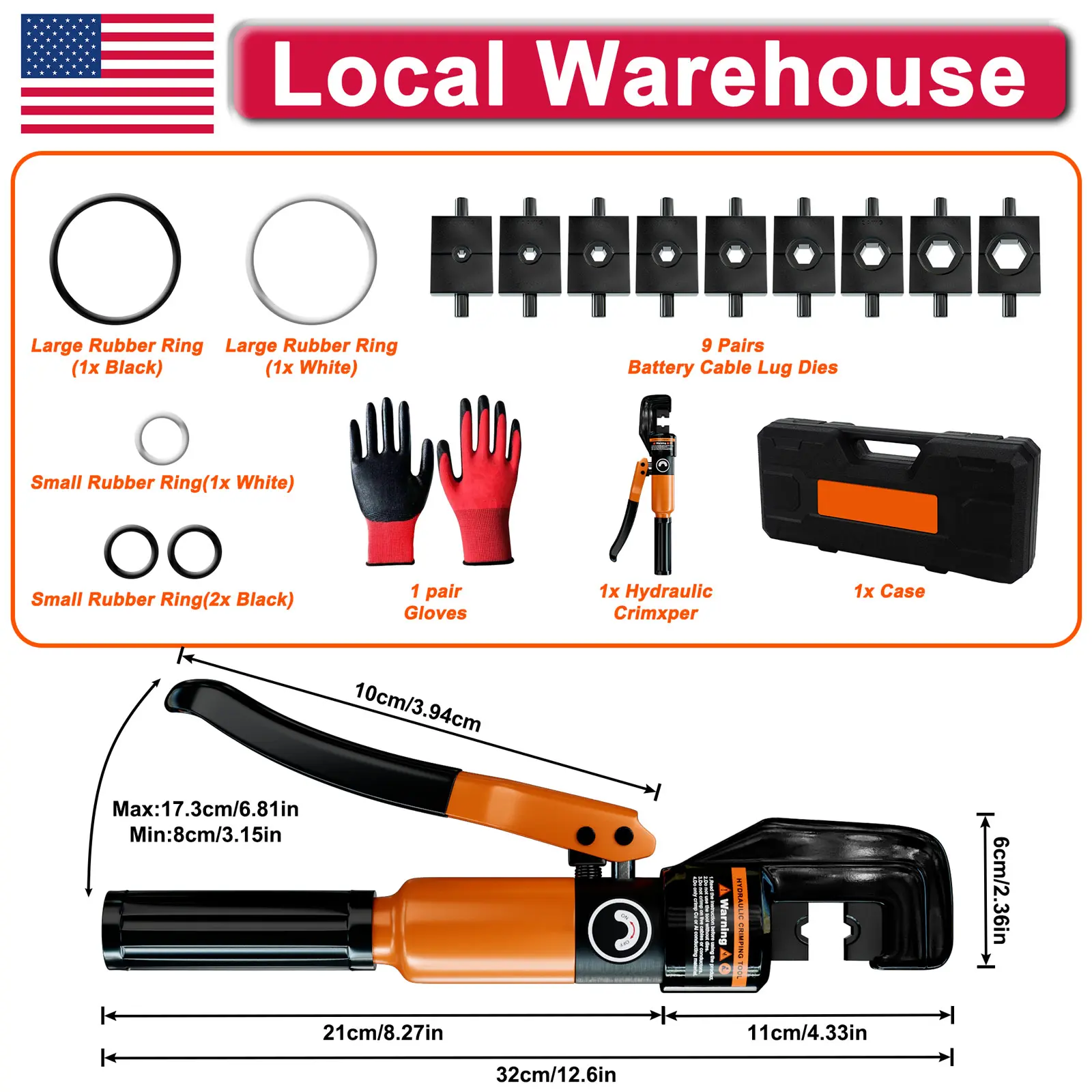 Sanuke Hydraulic Crimping Tool 10 Tons 12 AWG to 2/0 AWG with 9 Die Sets 1/8" Wire Rope Crimper 10" Cable Cutter 64 Copper Lugs for Battery Welding Cables