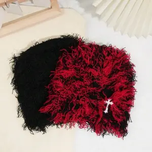 Fashion Long Plush Personalized Cool Knit Hat With Embroidered Cross Beanie Fall Outfit in Black and Red