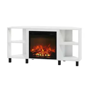 White Corner Fireplace TV Stand with 4 Open Storage Compartments in Wood Finish