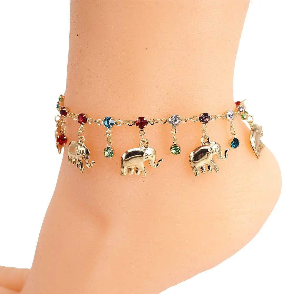 Gold Plated Anklet Bracelet, Boho Style with Elephant Motifs and Colorful Stones, Stackable Summer Jewelry, #28 Unique Collectible, Stackable Bracelet, Summer Nights