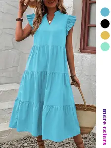Women's Elegant Solid Color Short Sleeve Ruffle Dress, Fashion Slim Fit, Loose-Fitting Style, Perfect for Casual Daily Wear